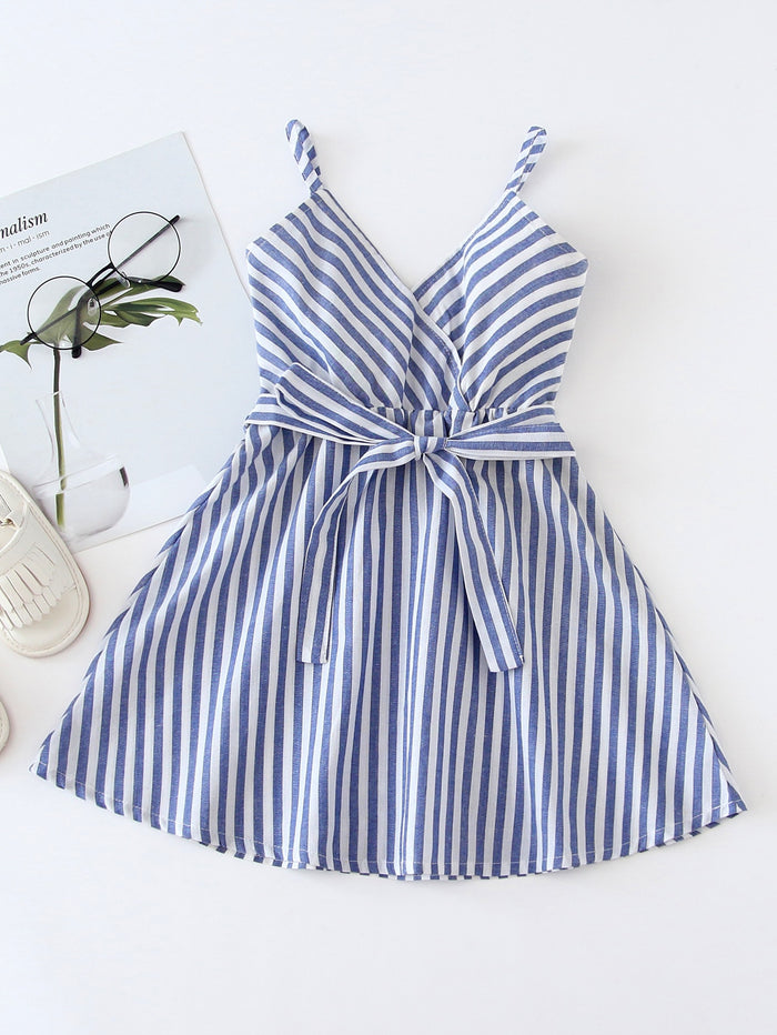 Toddler Girls Striped Surplice Self Tie Flowy Cami Dress Blue and White