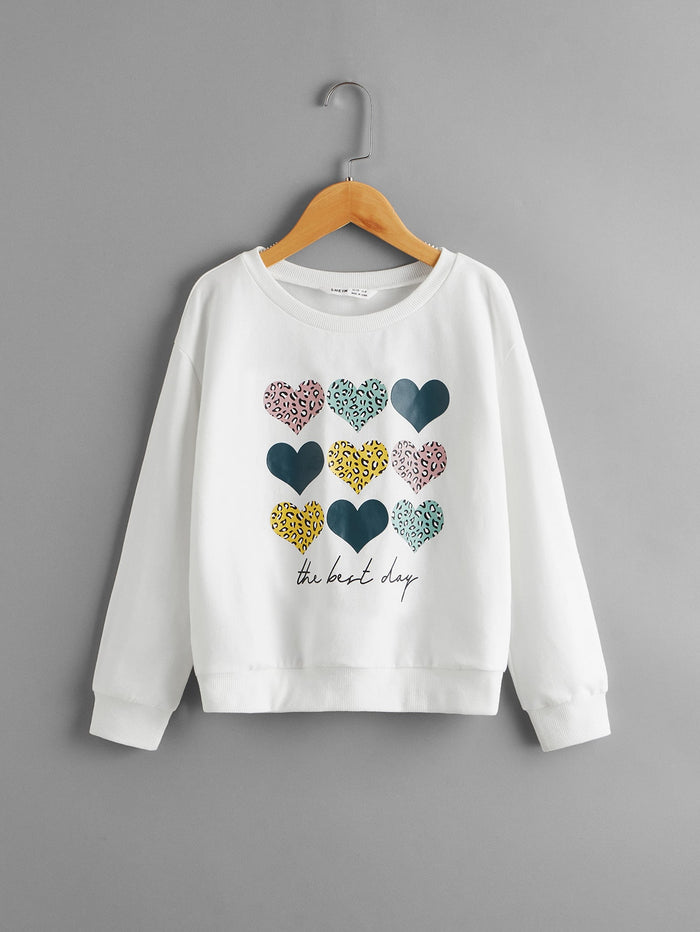 Girls Drop Shoulder Heart & Letter Print Pullover