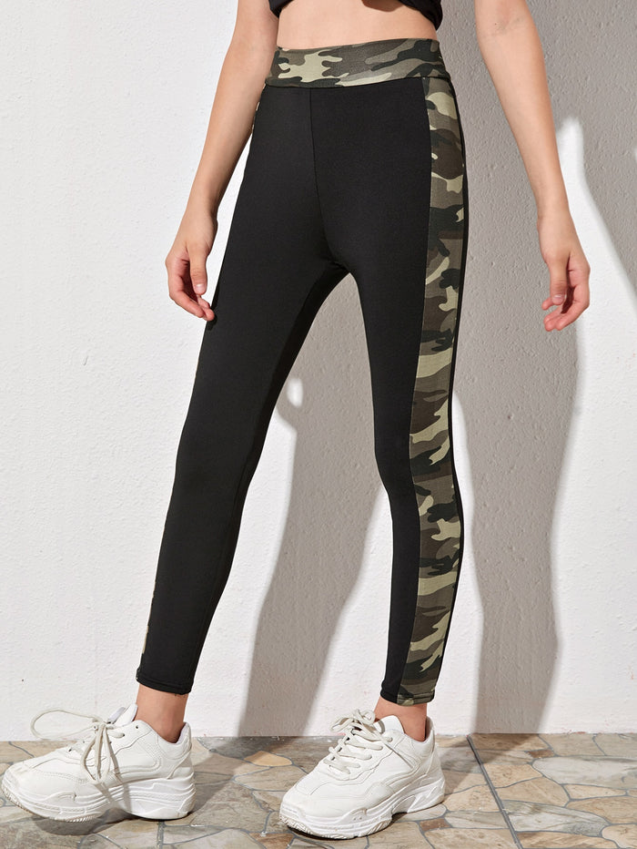 Girls Elastic Waist Camo Panel Leggings