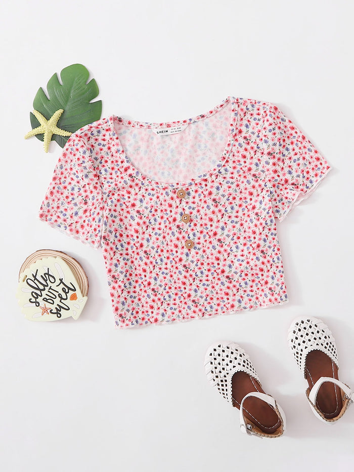 Girls Button Front Ditsy Floral Top