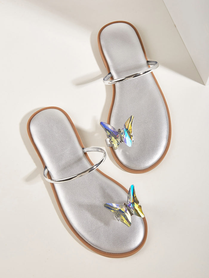 Butterfly Decor Toe Loop Slide Sandals Silver