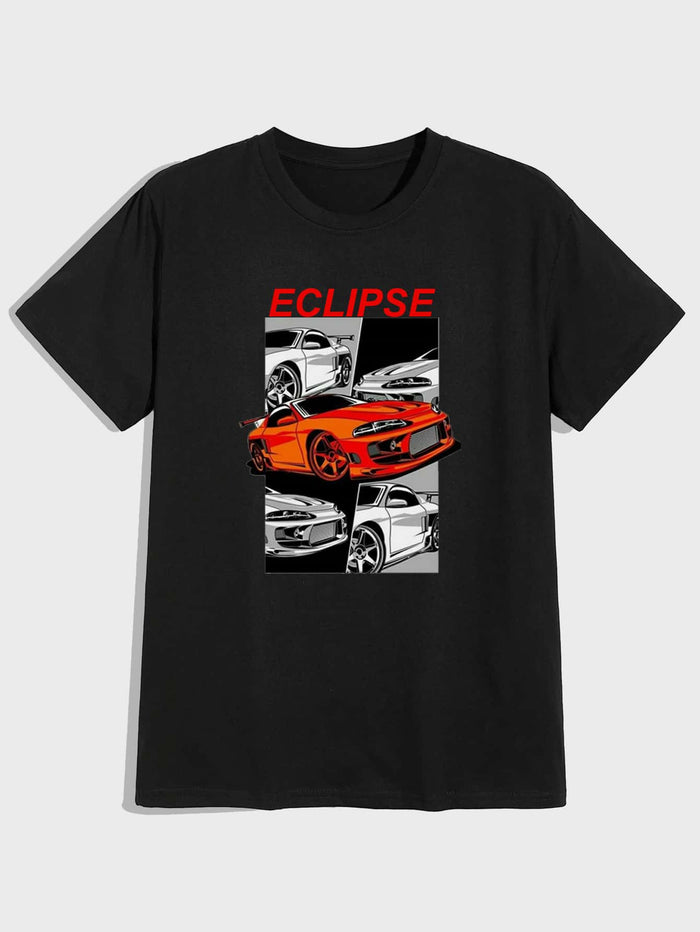 Men Car And Letter Graphic Tee Black