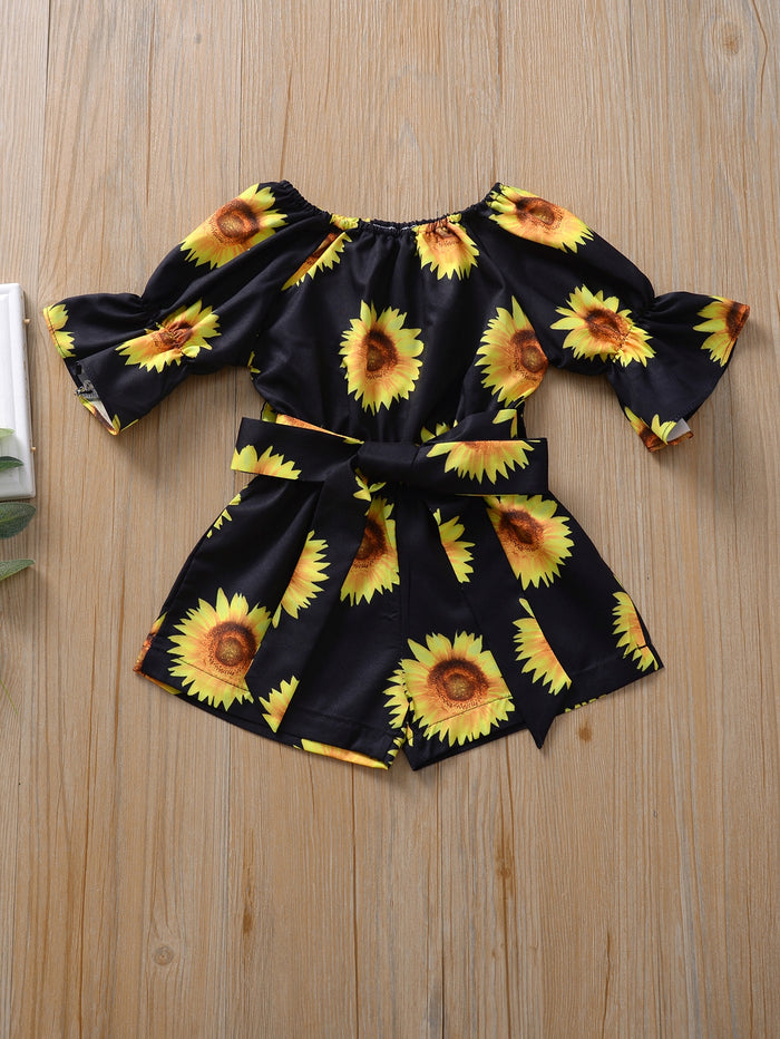 Toddler Girls Sunflower Print Belted Jumpsuit