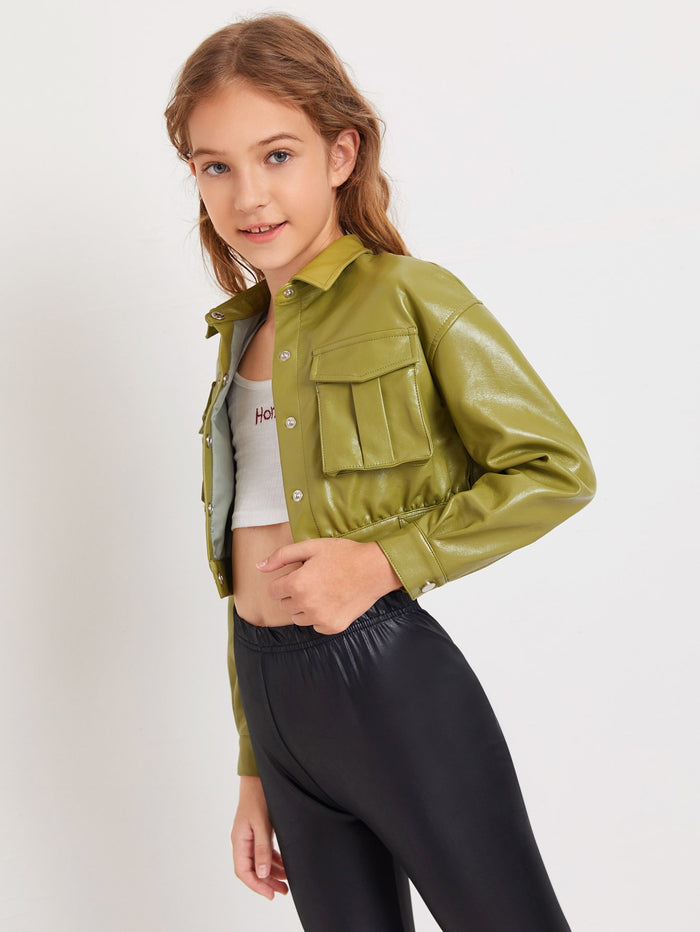 Girls Flap Pocket Front PU Leather Crop Jacket