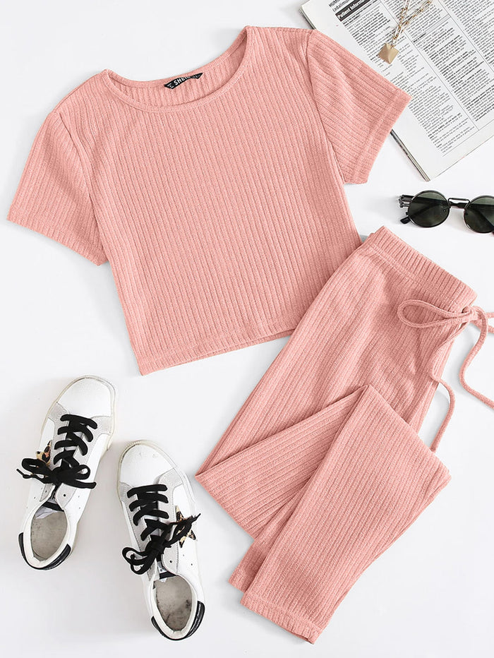Solid Rib-knit Tee & Tie Waist Pants Set Coral Pink