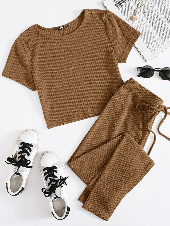 Solid Rib-knit Tee & Tie Waist Pants Set Mocha Brown