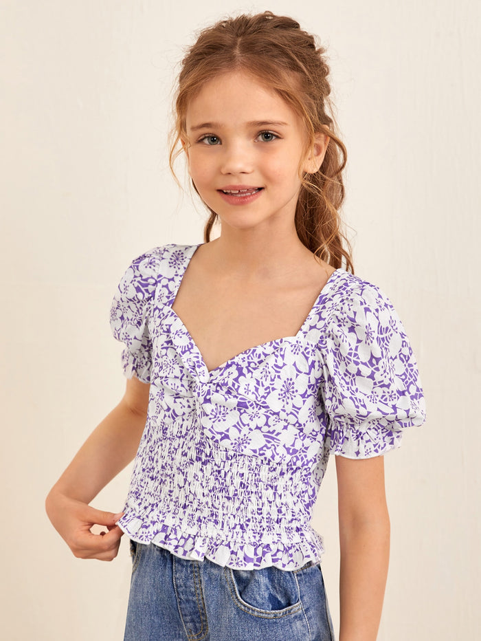 Girls Sweetheart Neck Twist Front Shirred Panel Frill Trim Floral Top Multicolor