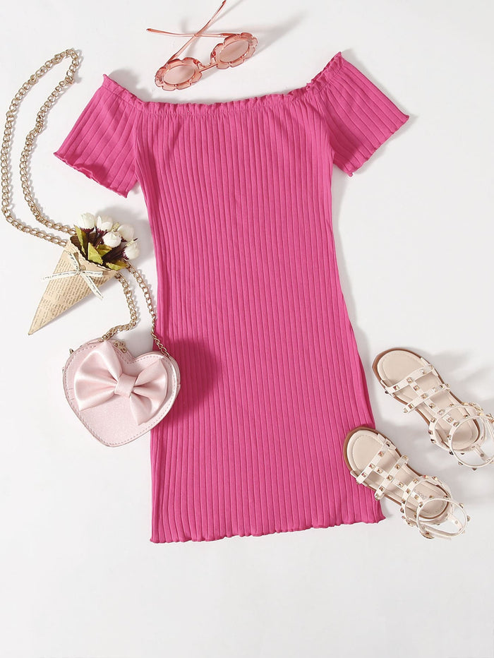 Girls Ribbed Lettuce-Edge Dress Pink