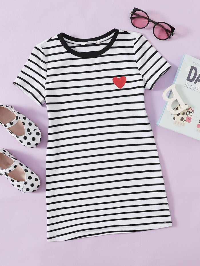 Girls Heart Print Striped Dress