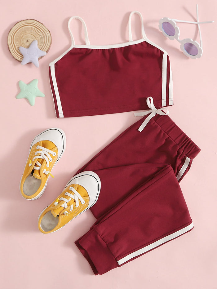 Girls Contrast Binding Cami Top and Sweatpants Set