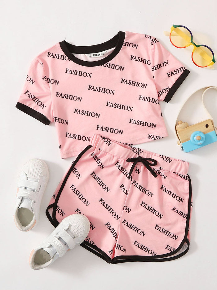 Girls Letter Print Ringer Tee & Dolphin Shorts Set Baby Pink