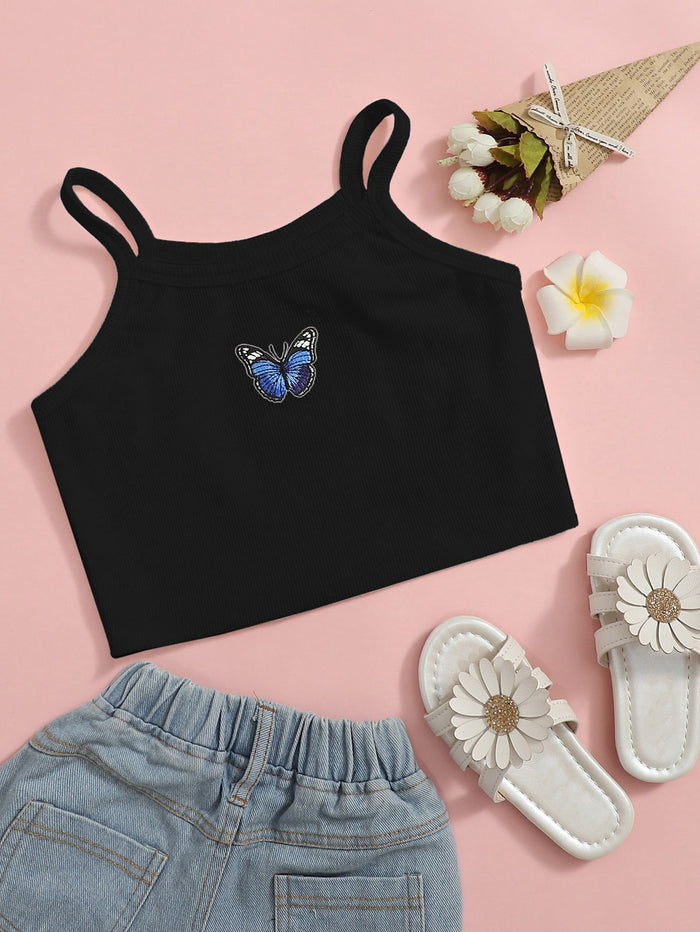 Girls Butterfly Embroidery Rib-knit Cropped Cami Top Black