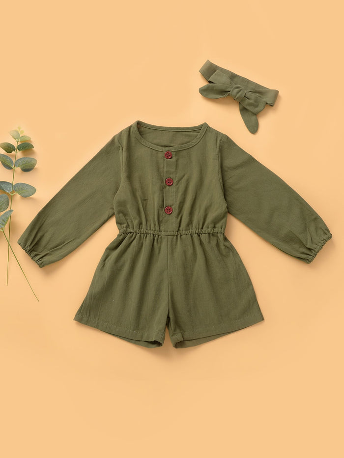 Toddler Girls Half Button Romper & Headband