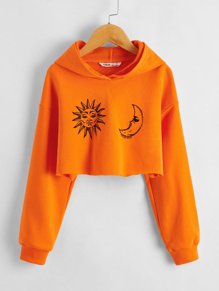 Girls Drop Shoulder Sun & Moon Print Hoodie Orange