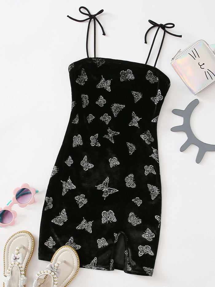 Girls Knot Strap Split Hem Butterfly Pattern Velvet Slip Dress