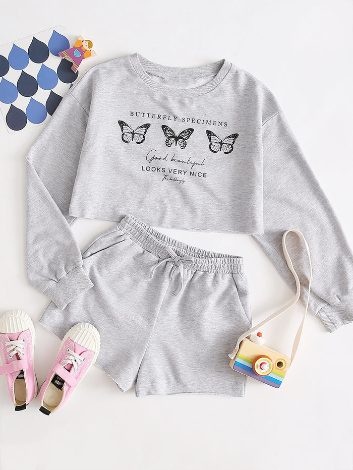 Girls Drop Shoulder Butterfly and Slogan Print Pullover & Shorts Set