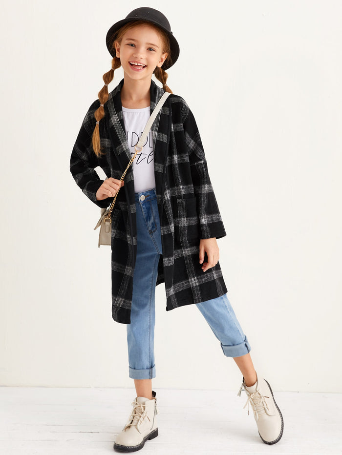 Girls Shawl Collar Patch Pocket Plaid Overcoat Black