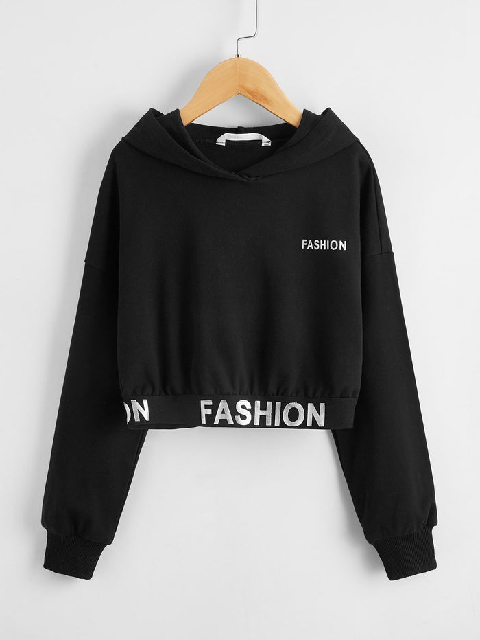 Girls Drop Shoulder Reflective Letter Graphic Crop Hoodie Black