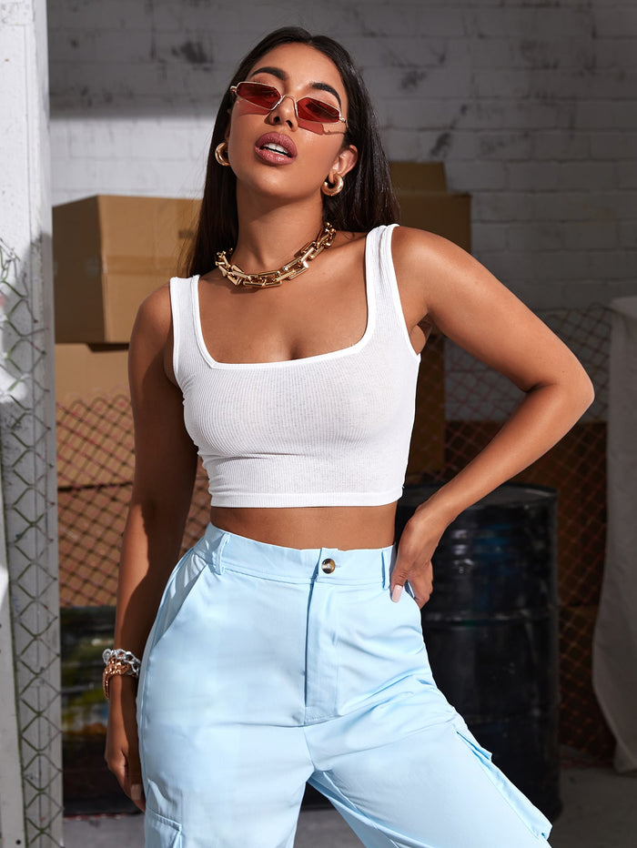 Square Neck Rib-knit Crop Tank Top White