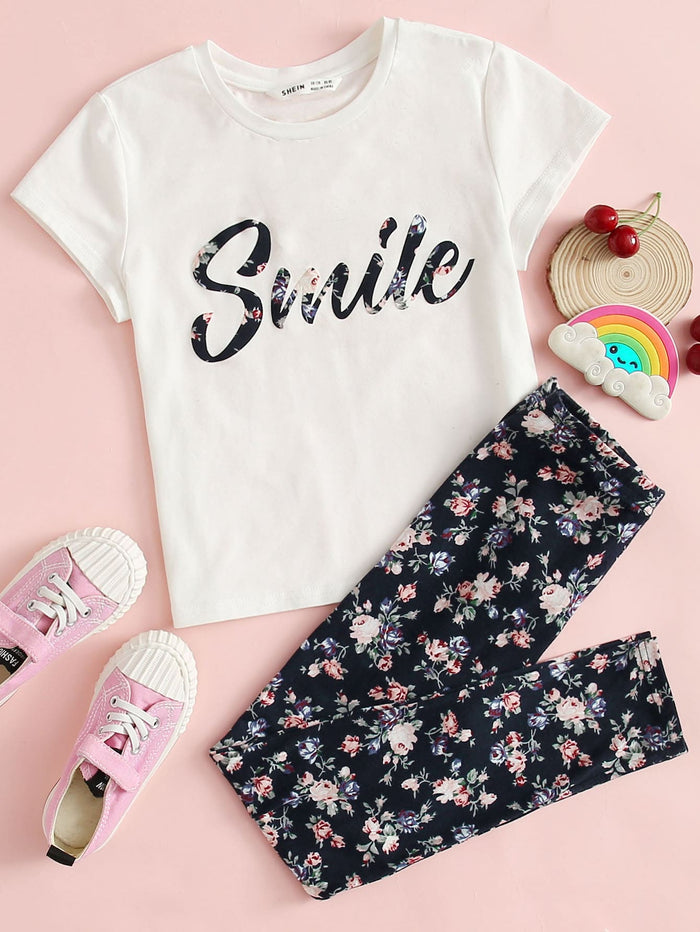 Girls Letter and Floral Print Tee and Leggings Set