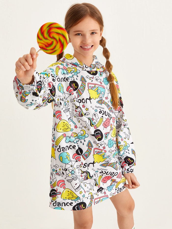 Girls Cartoon Graphic Hooded Sweatshirt Dress