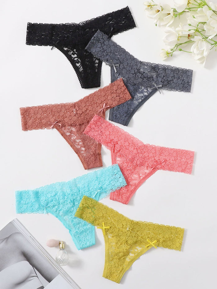 Floral Lace Thong Panty Set - 6 Pack