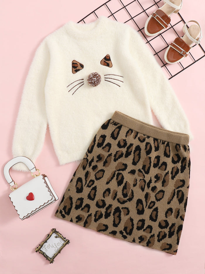 Girls Pompom Detail Embroidery Detail Fuzzy Sweater Top & Leopard Skirt Set