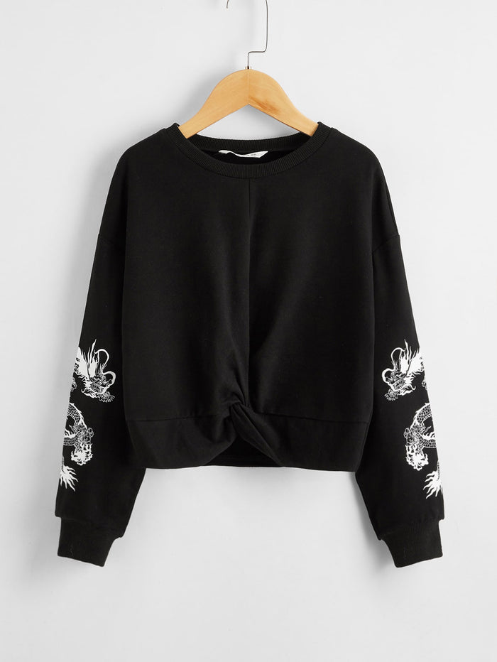 Girls Drop Shoulder Twist Front Dragon Graphic Pullover
