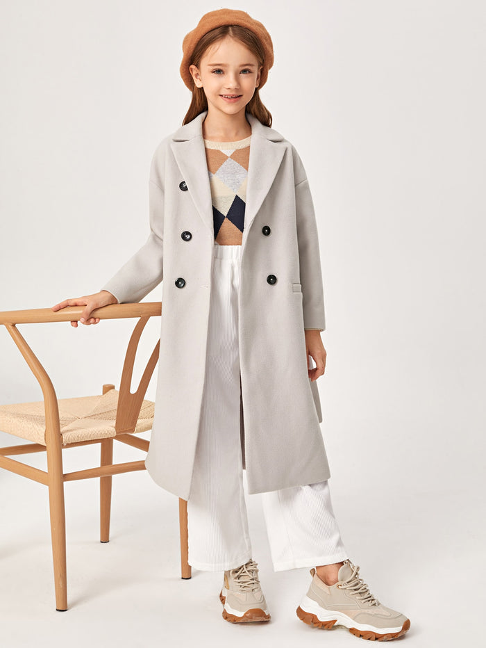 Girls Double Button Belted Slit Hem Coat