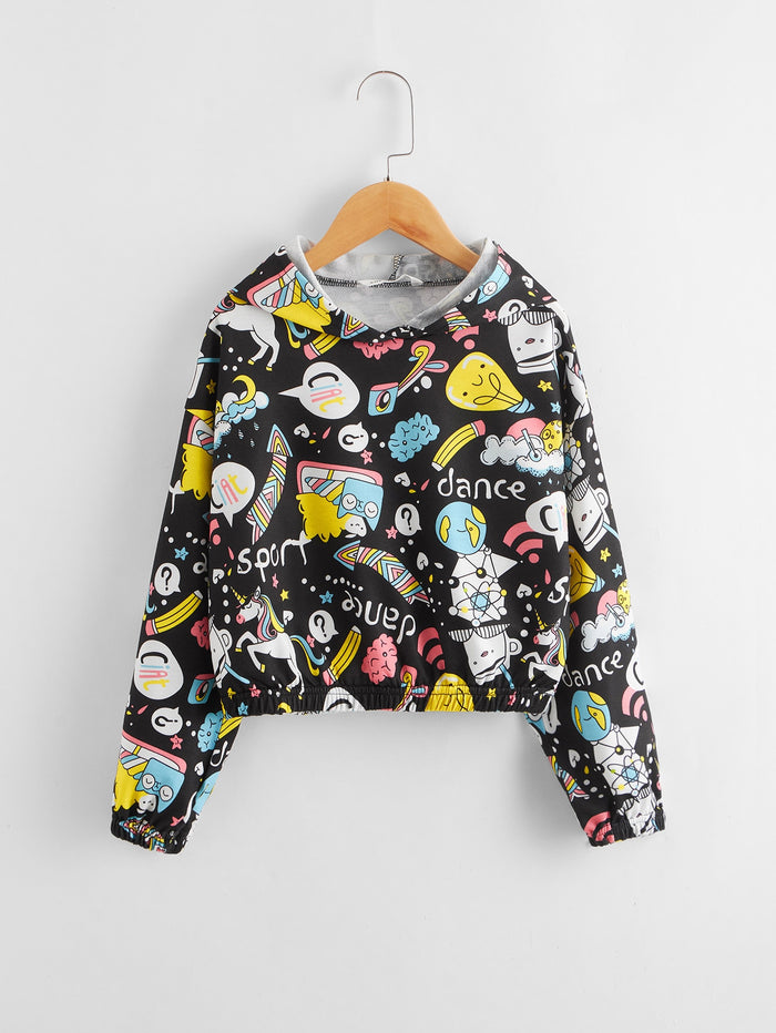 Girls Unicorn and Graphic Print Crop Hoodie