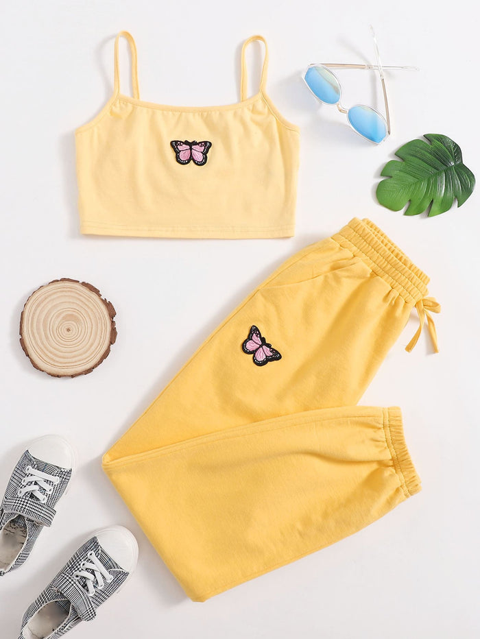 Girls Butterfly Patched Crop Cami Top and Sweatpants Set Yellow