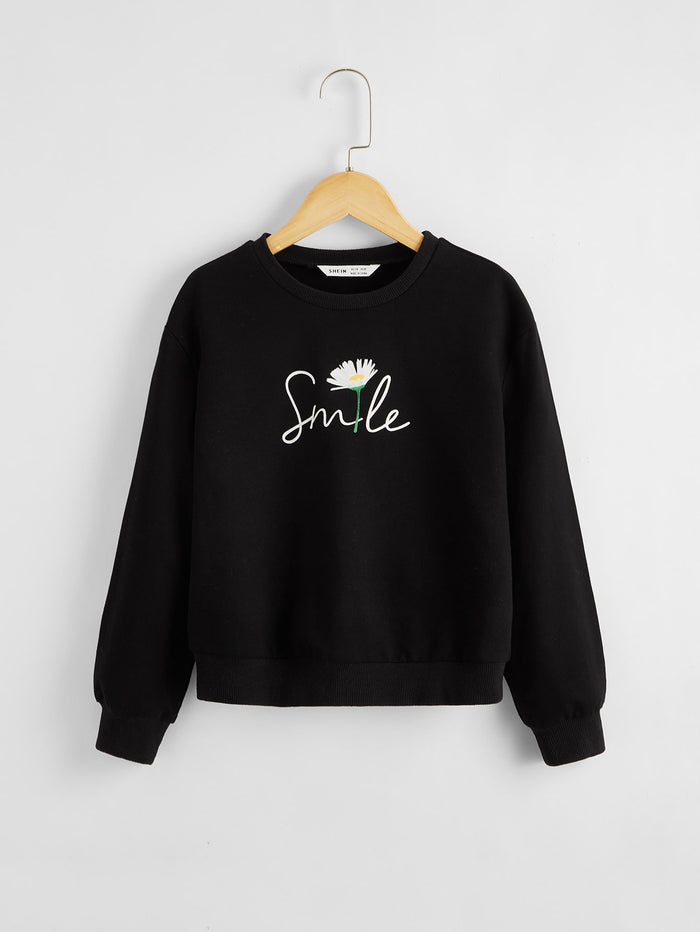 Girls Floral & Letter Print Pullover Black
