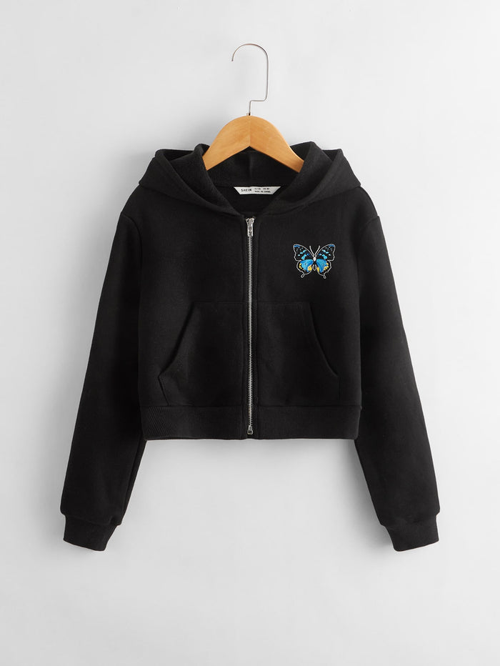 Girls Butterfly Print Zip Up Hoodie Black