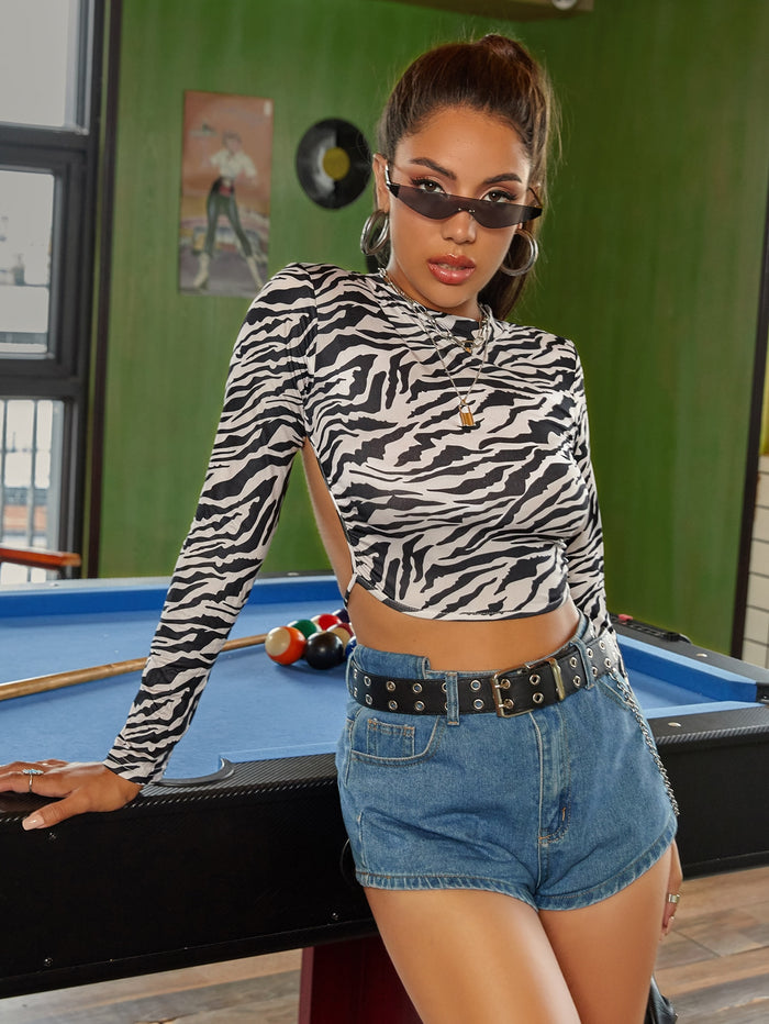 Mock Neck Tied Backless Zebra Stripe Crop Tee Black and White