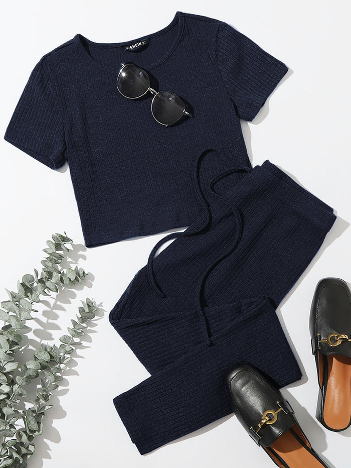 Solid Rib-knit Tee & Tie Waist Pants Set Navy Blue