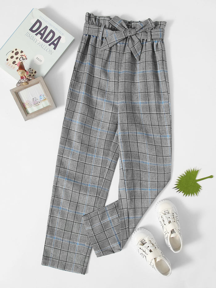 Girls Paperbag Waist Plaid Pants Grey
