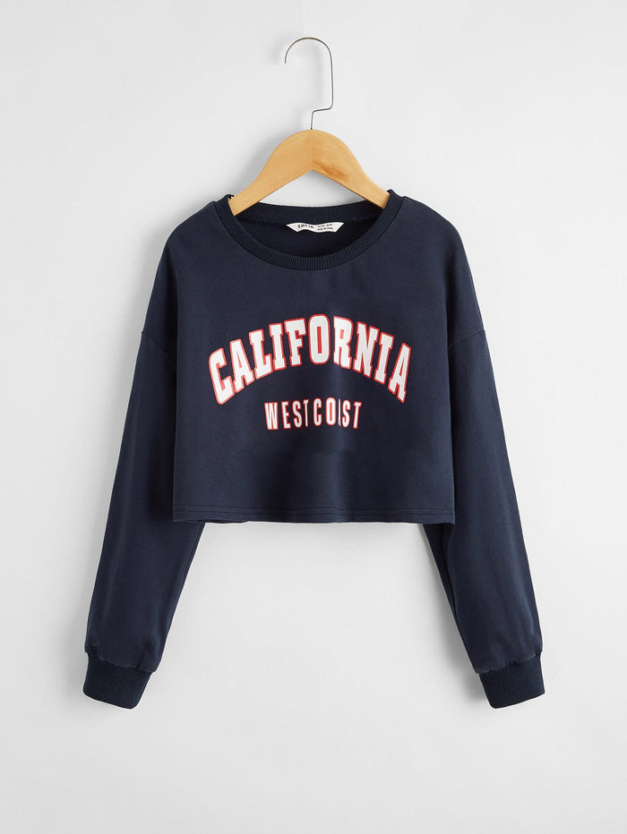 Girls Drop Shoulder Letter Graphic Crop Pullover Navy Blue