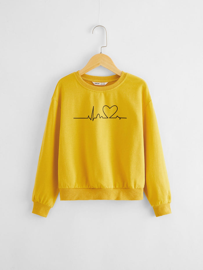 Girls Heart Print Drop Shoulder Pullover Yellow