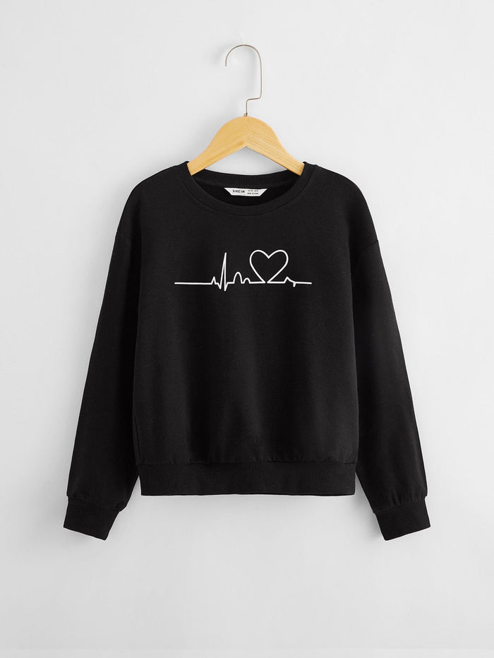 Girls Heart Print Drop Shoulder Pullover Black