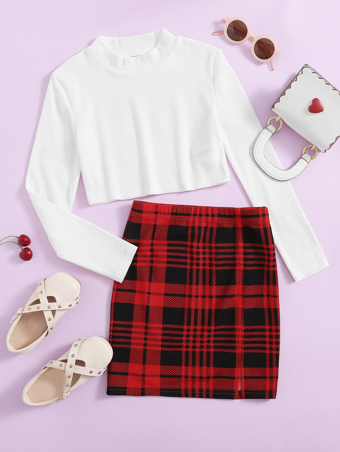 Girls Ribbed Crop Top & Plaid Mini Skirt Multicolor
