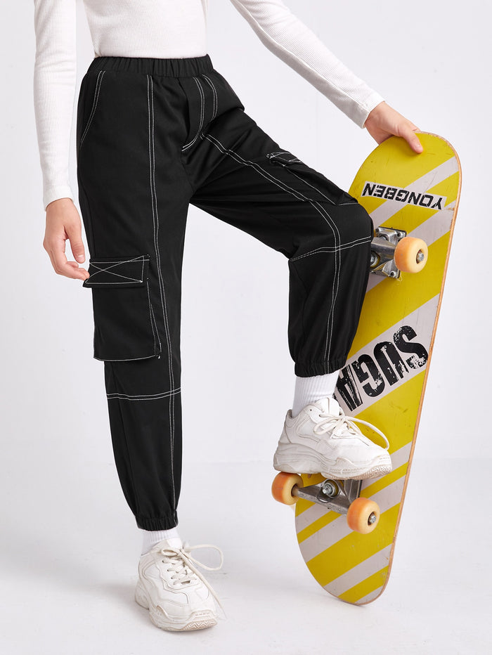 Girls Contrast Stitch Flap Pocket Patched Pants