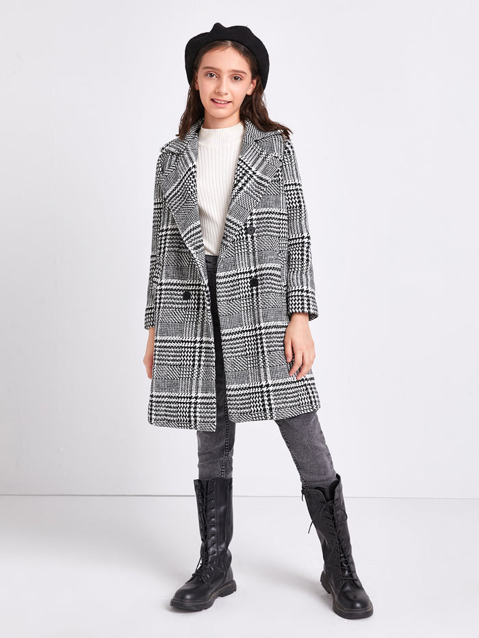 Girls Notch Collar Pocket Side Glen Plaid Pea Overcoat