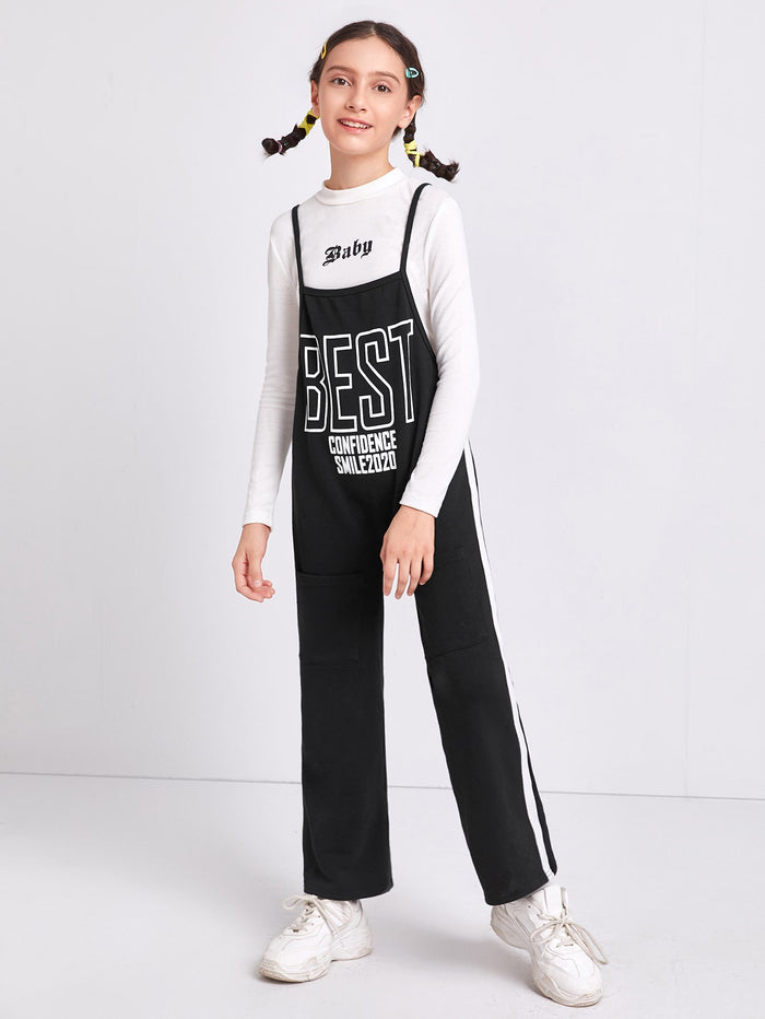 Girls Slogan Graphic Contrast Sideseam Overalls