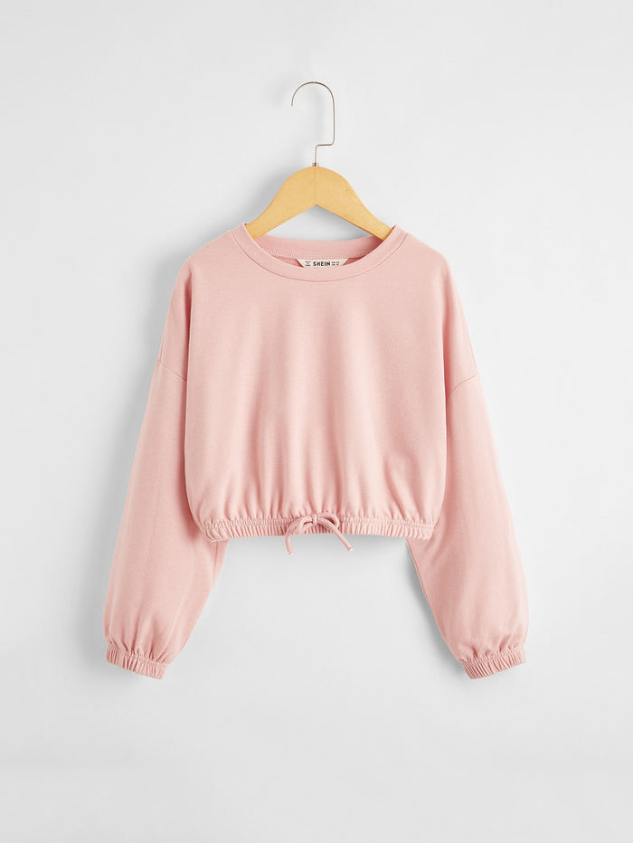 Girls Drop Shoulder Knot Front Sweatshirt Baby Pink