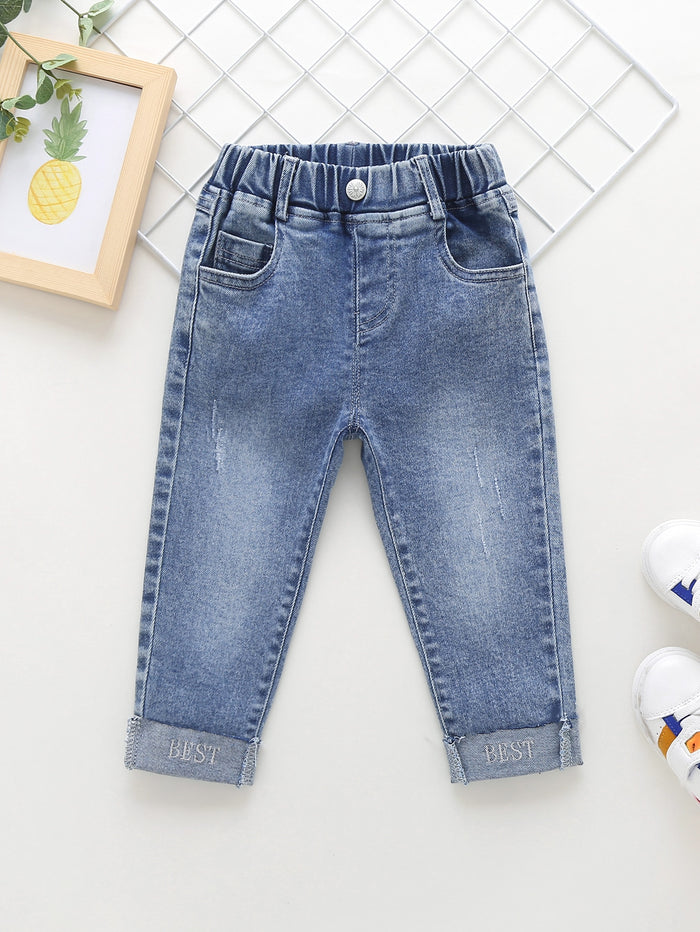 Toddler Girls Letter Embroidery Cuffed Hem Jeans