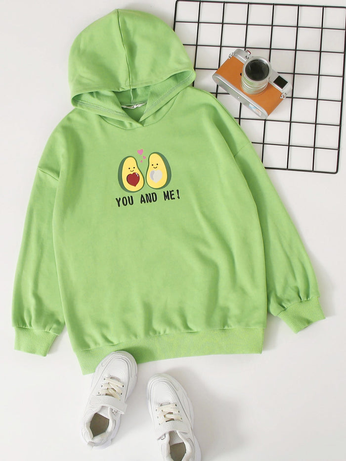 Girls Drop Shoulder Cartoon Graphic Hoodie Lime Green