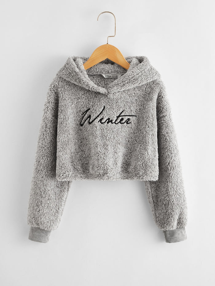 Girls Letter Embroidered Teddy Hoodie