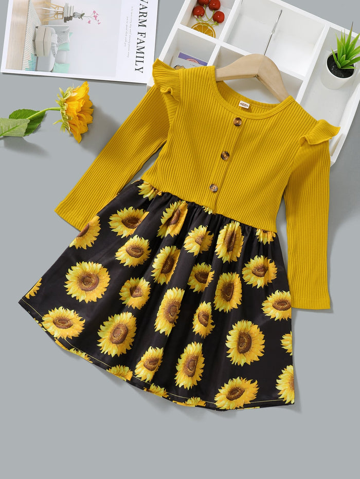 Toddler Girls Sunflower Print Rib-knit Colorblock Dress