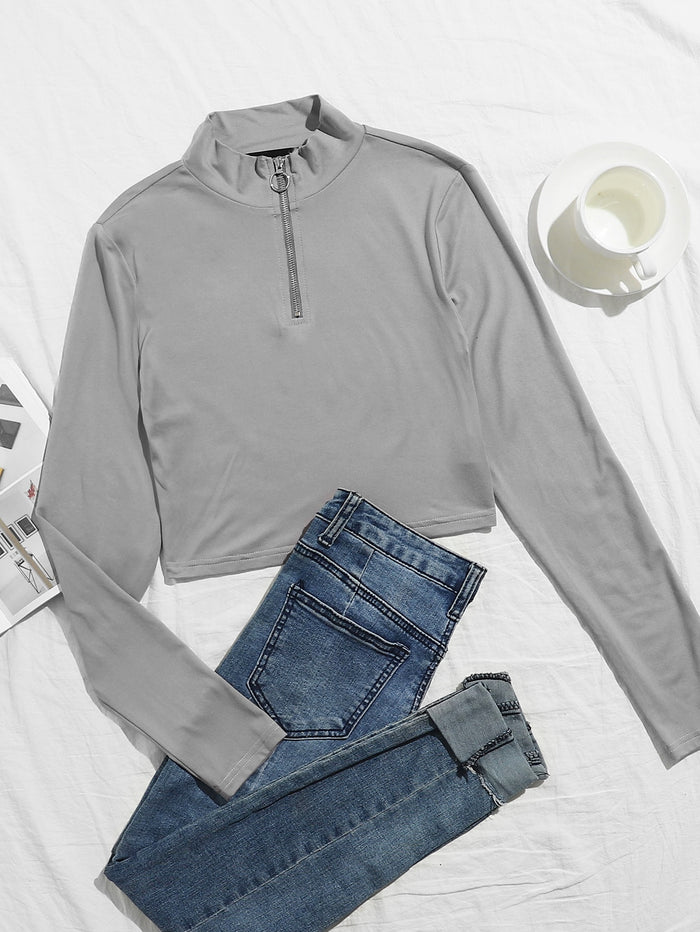 O-ring Zip Half Placket Crop Slim Top Grey