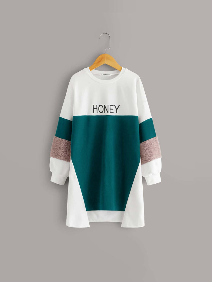 Girls Contrast Teddy Panel Letter Graphic Longline Sweatshirt Multicolor